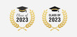 © Avni Design - Set of class of 2023 graduation award emblem design template, graduation cap with laurel wreath in gold color