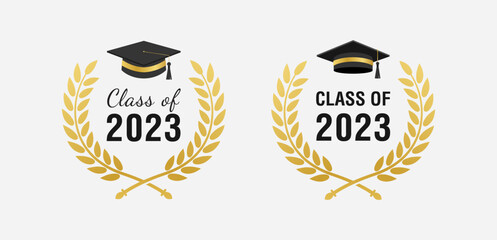 Set of class of 2023 graduation award emblem design template, graduation cap with laurel wreath in gold color