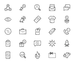 Poster - Advertising, marketing, promotion icon set suitable for infographics. Hand drawn style. Vector illustration.