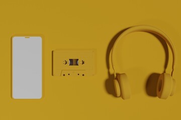 Yellow Old Tape Audio Cassette, headphones and contemporary smartphone on yellow background