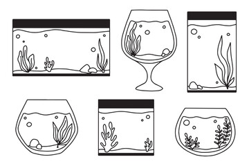 Wall Mural - Set of Aquariums. Collection of Aquariums with algae in doodle style. Vector illustration. Empty isolated aquarium in line style.