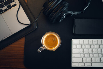 hot coffee on desk at home