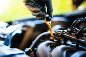 oil dipstick, lubrication In the hands of black rubber gloves,  Do-it-yourself car inspection