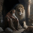 Biblical Daniel prophet in lion's den, old testament illustration, Generative AI