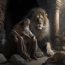 Biblical Daniel Prophet In Lion's Den, Old Testament Illustration, Generative AI