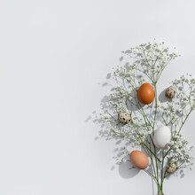 Elegant Minimalist Easter Greeting Card Design, Natural Color Eggs And Flowers On Neutral Light Background, Copy Space