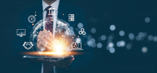 Poster - virtual global internet connection metaverse concept, businessman using mobile smartphone, global in