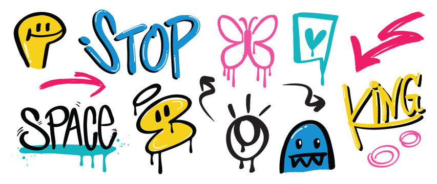 Set of graffiti spray paint vector. Brush paint ink drip texture collection of text, word, monster, butterfly, eyeball, arrow. Design illustration for decoration, card, sticker. banner, street art.
