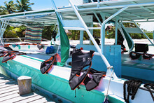 Life Jackets On Board Of Tourist Boat Docked At Isla Contoy, Mexico