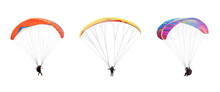 Collection Bright Colorful Parachute On Transparent Background. Png File. Concept Of Extreme Sport, Taking Adventure Challenge.