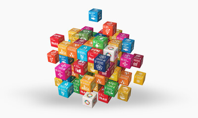 Wall Mural - Sustainable Development global goals Colorful cubes Illustration. 3D rendering on top of green leaf. Corporate social responsibility. Sustainable Development for a better world. 