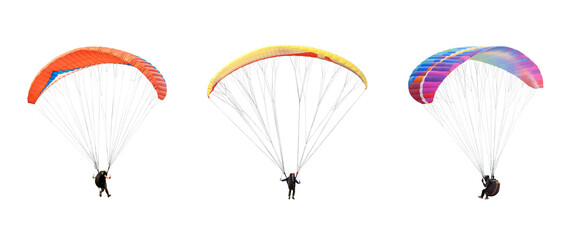 collection Bright colorful parachute on transparent background. png file. Concept of extreme sport, taking adventure challenge.