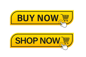 Poster - Buy now button with shopping cart. Shop now. Modern collection for web site. Online shopping. Click here, apply, buttons hand pointer clicking. Web design elements. Vector illustration