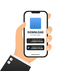 Mobile application download page. Hand-held smartphone and touch screen. Smartphone with blank screen for applications. Download mobil our now app. Download buttons. Vector illustration