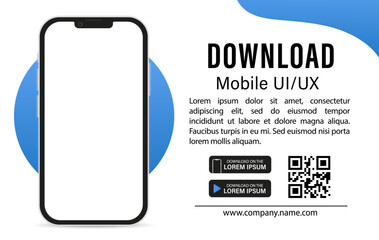 Poster - Mobile application download page. Smartphone with blank screen for applications. Download mobile UI/UX app. Download buttons. Mobile application banner page. Vector illustration