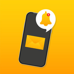 Poster - Smartphone with new notification. Notification ring and letter on the phone screen. Mobile message notification. Call for warning, reminder and chat notification. Vector illustration