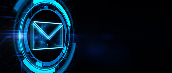 Poster - Mail, letter and email concept with digital blue envelope symbol in microcircuit circle on abstract dark background with place for your advertising poster or text. 3D rendering, mock up