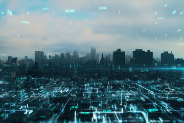 Poster - Creative glowing metaverse city texture with coding. Technology, future and digital world concept. Double exposure.
