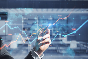 Aufkleber - Close up of businessman hand using glowing business chart on blurry office interior background. Stock, growth and financial graph concept. Double exposure.