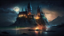 Hogwarts Castle In Dramatic Gothic Night Scene On Dark Fog Sky Wizard Background. Magic Old Creepy Wizardry Tower In Night Glowing Foggy Fantasy Spooky Moonlight Landscape. AI Generative Illustration.