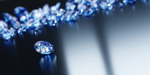 Poster - Group of Blue diamonds sapphire placed on glossy background 3d rendering soft focus