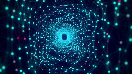 Fototapete - Abstract 3d portal. Circle tunnel or wormhole. Digital background with connected blue dots and lines. 3d rendering.