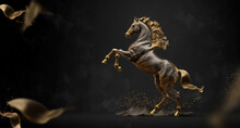 Golden And Bronze Rearing Horse Statue Or Trophy Isolated On Black Background With Copyspace Area For Text - Generative AI
