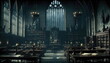 © Synthetica - Old castle school witchcraft wizardry dining hall wizard dark interior fantasy background in dramatic gothic scene style magic creepy background. AI generative.