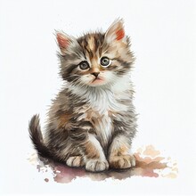 Portrait Of A Cute Kitty, Watercolor Illustration