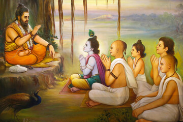 jalaram prathna hindu temple, leicester. fresco. krishna and devotees listening to balarama. united 