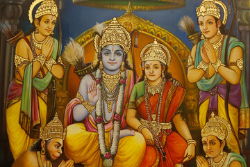 Jalaram Prathna hindu temple, Leicester. Fresco.  Ram, Sita with Lakshman to Ram's right and Hanuman kneeling, and devotees  United kingdom.