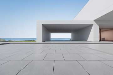 Poster - 3d render of modern architecture with empty concrete floor, car presentation background.