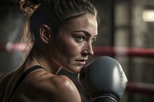 Female Boxer Training Inside A Boxing Ring. Ai Generative.