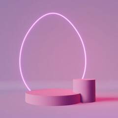 Easter egg podium stage purple neon illuminating light 3d rendering. Contemporary creative minimal scene cosmetic product showcase. Modern presentation design Social media content advertising template