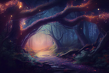 Canvas Print - magic forest in the night created with Generative AI technology