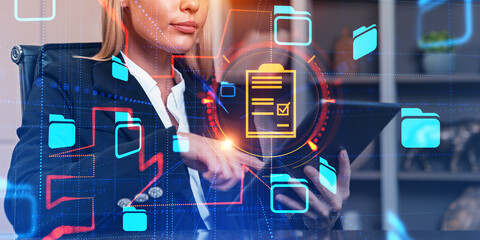 Poster - Businesswoman working with tablet, document management system hologram