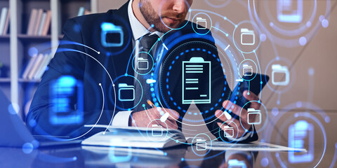 Poster - Businessman take note and using phone, document management syste