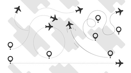 Poster - Plane fly route with map pointer collection in black