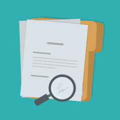 Poster - Document with folder and magnifier in a flat design. Analysis document