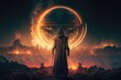 A Surrealistic Biblical Horror Ezekiel Standing in Front of a Lunar Eclipse and a Fire-Ravaged Jerusalem in Neon Matte Painting Generative AI	