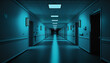 A long dark hospital corridor with rooms