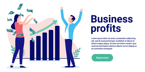 Poster - business profits - businesspeople, man and woman standing in front of rising graph celebrating that 