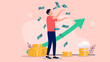 © Knut - Man making money - Person with increased income standing in front of green upwards arrow throwing cash in air. Flat design vector illustration