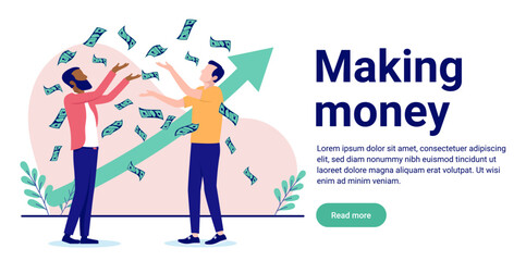 Poster - Making money - Two businessmen in casual clothes getting rich in front of rising green arrow showing financial growth. Flat design vector illustration with white background