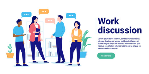 Aufkleber - Work discussion - Team of businesspeople in casual clothing talking, communicating and having dialogue in office. Flat design vector illustration with copy space and white background