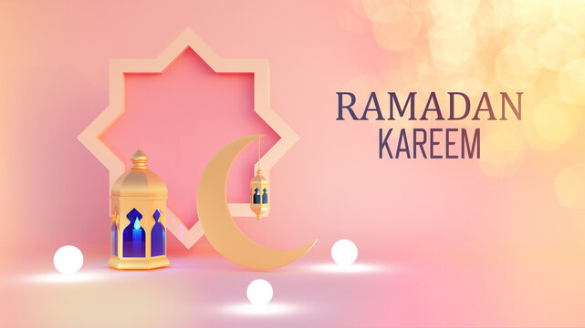 Ramadan kareem 3d rendering with Turkish traditional lantern and Mosque on pink background