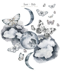 Wall Mural - Night butterflies and moon watercolor. Flying butterflies in the night sky greeting card template