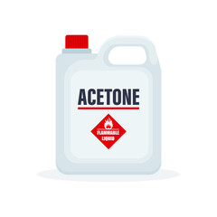 Plastic acetone bottle with sign of flammable liquid isolated on a white background.