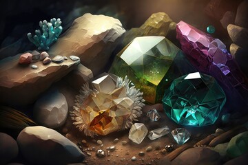 Poster - Various gems and crystals in cave. Generative AI