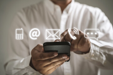 Poster - CONTACT US (Customer Support Hotline people CONNECT ) Businessman touching phone application check  email